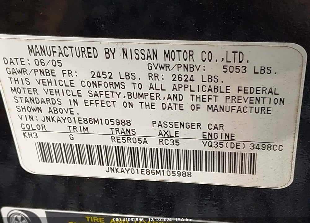 2006 INFINITI M35 VIN: JNKAY01E86M105988