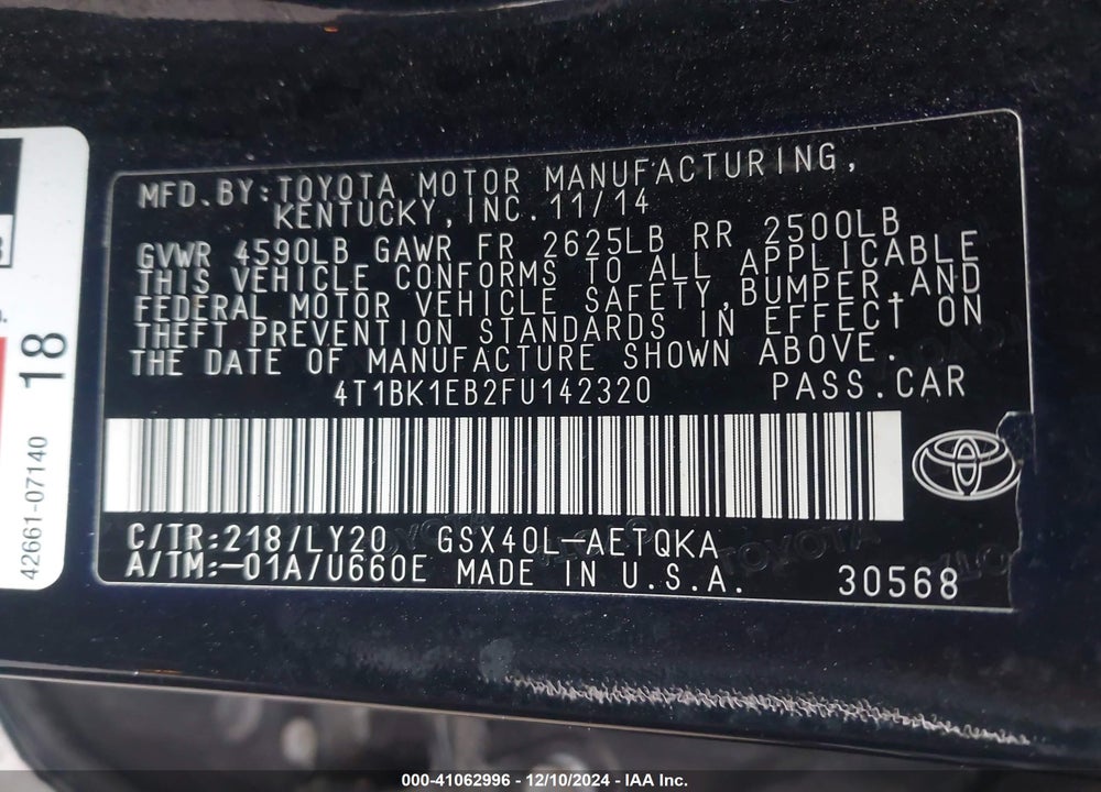 2015 TOYOTA AVALON VIN: 4T1BK1EB2FU142320