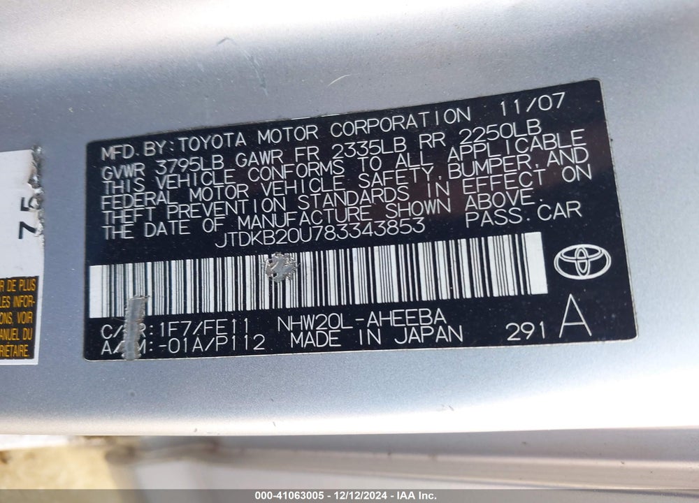 2008 TOYOTA PRIUS VIN: JTDKB20U783343853