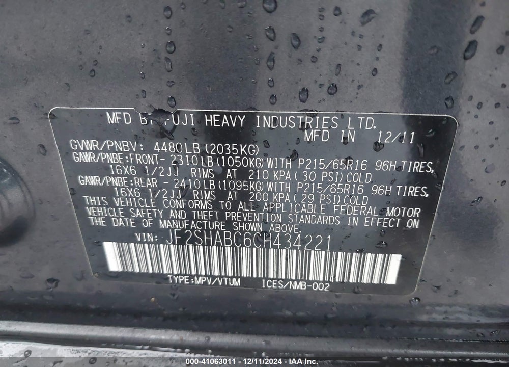 2012 SUBARU FORESTER 2.5X VIN: JF2SHABC6CH434221