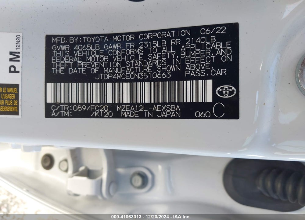 2022 TOYOTA COROLLA SE VIN: JTDP4MCE0N3510663