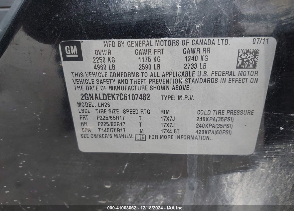 2012 CHEVROLET EQUINOX 1LT VIN: 2GNALDEK7C6107482