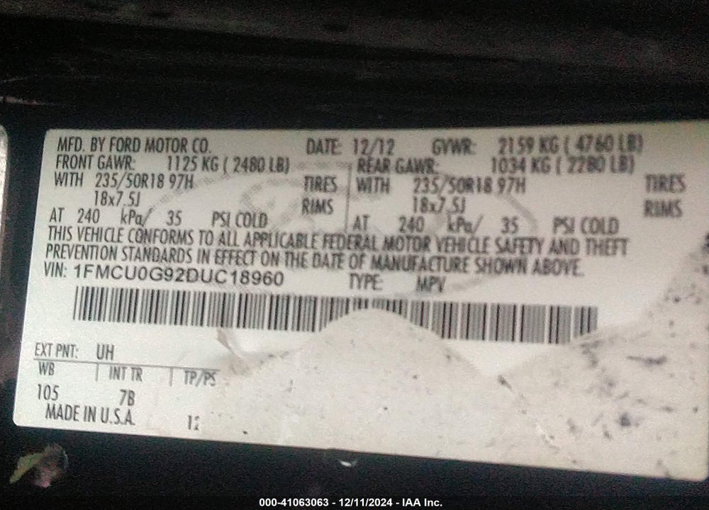 2013 FORD ESCAPE SE VIN: 1FMCU0G92DUC18960