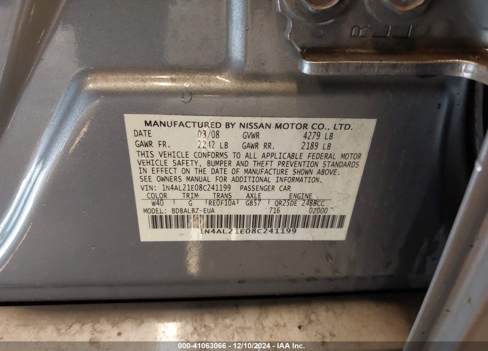 2008 NISSAN ALTIMA 2.5 S VIN: 1N4AL21E08C241199