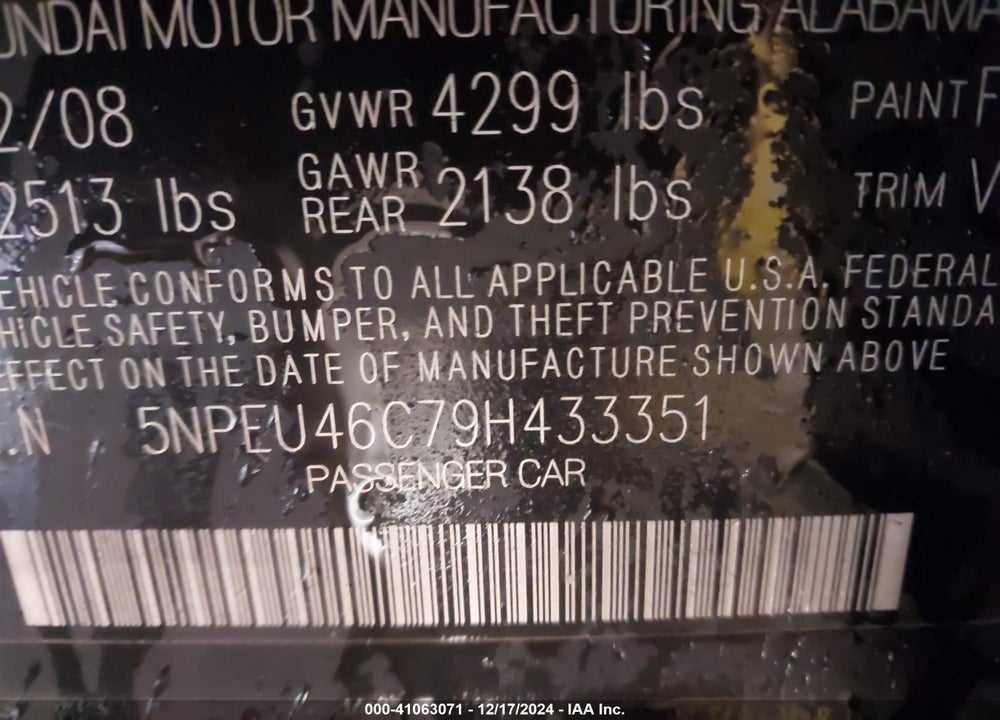 2009 HYUNDAI SONATA LIMITED VIN: 5NPEU46C79H433351