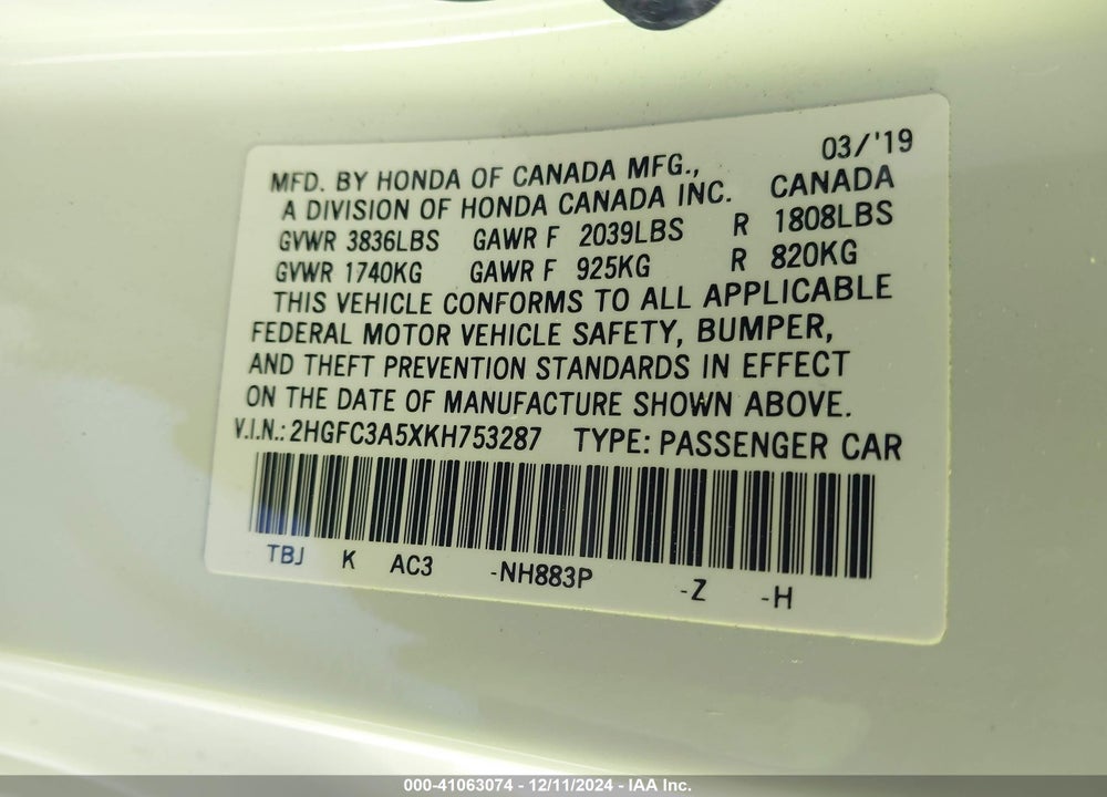 2019 HONDA CIVIC SI VIN: 2HGFC3A5XKH753287
