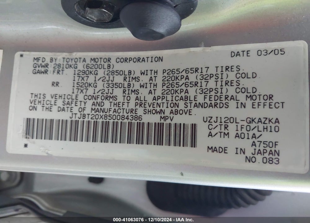 2005 LEXUS GX 470 VIN: JTJBT20X850084386
