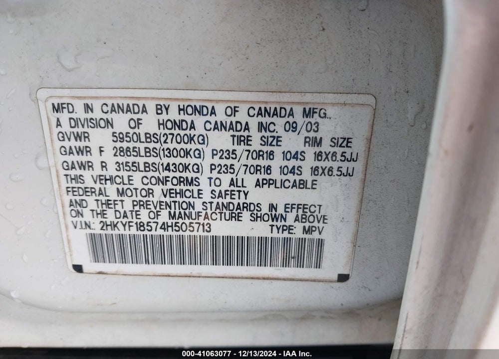 2004 HONDA PILOT EX-L VIN: 2HKYF18574H505713