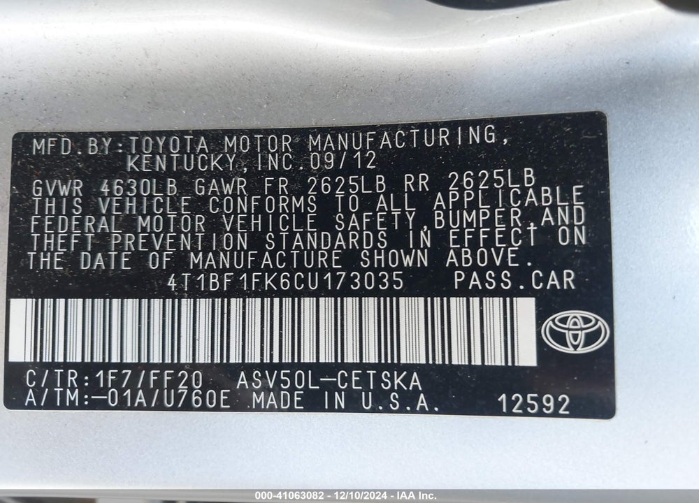 2012 TOYOTA CAMRY SE/SE LIMITED EDITION VIN: 4T1BF1FK6CU173035