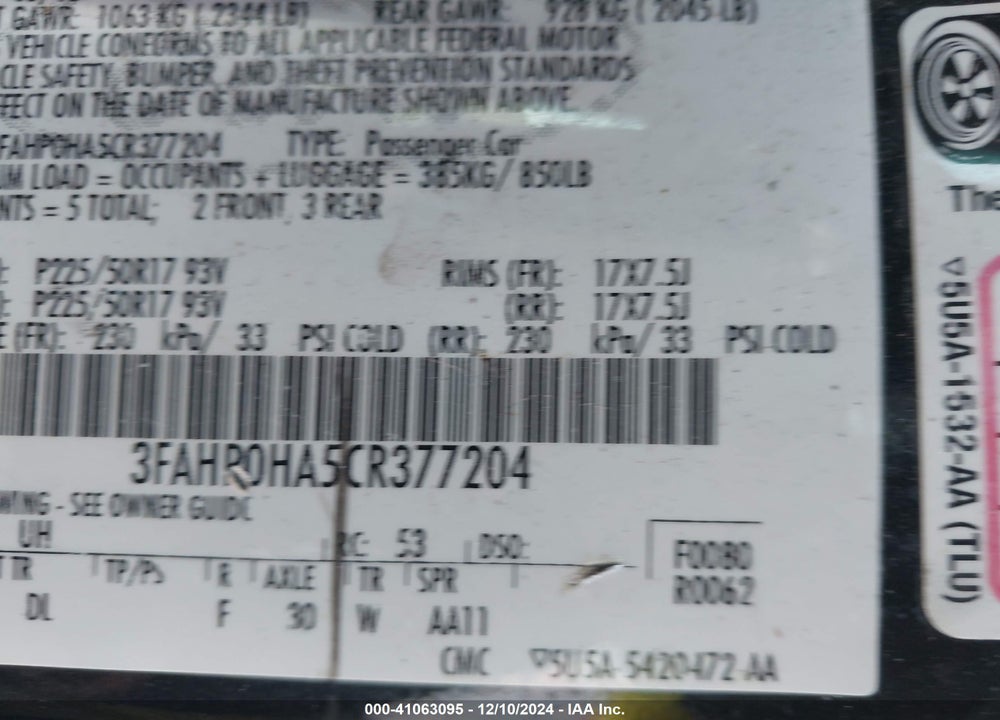 2012 FORD FUSION VIN: 3FAHP0HA5CR377204
