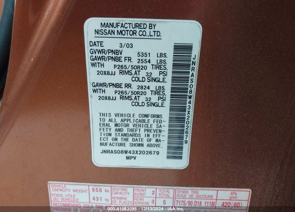 2003 INFINITI FX35 VIN: JNRAS08W43X202679