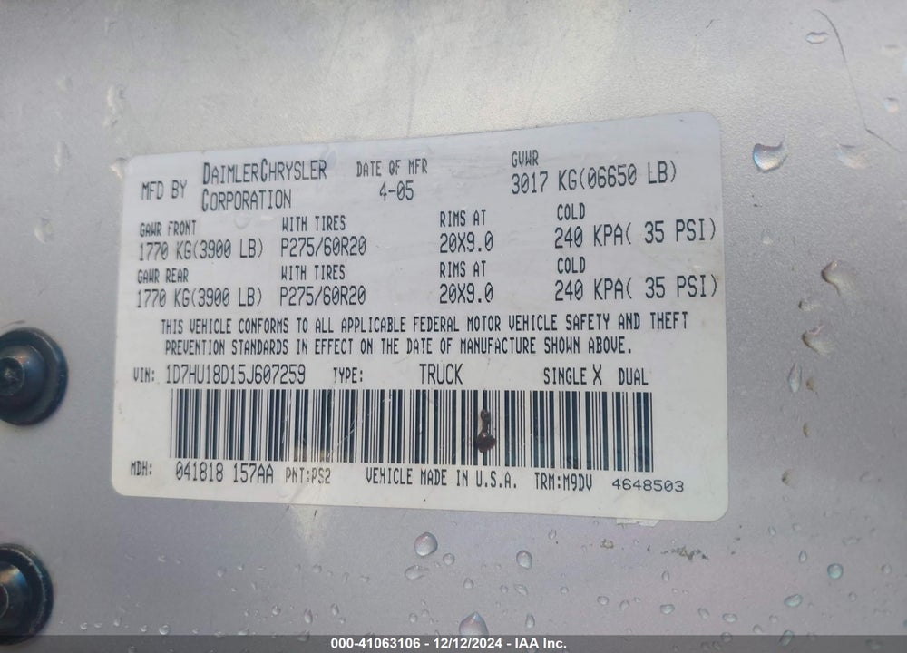 2005 DODGE RAM 1500 SLT/LARAMIE VIN: 1D7HU18D15J607259