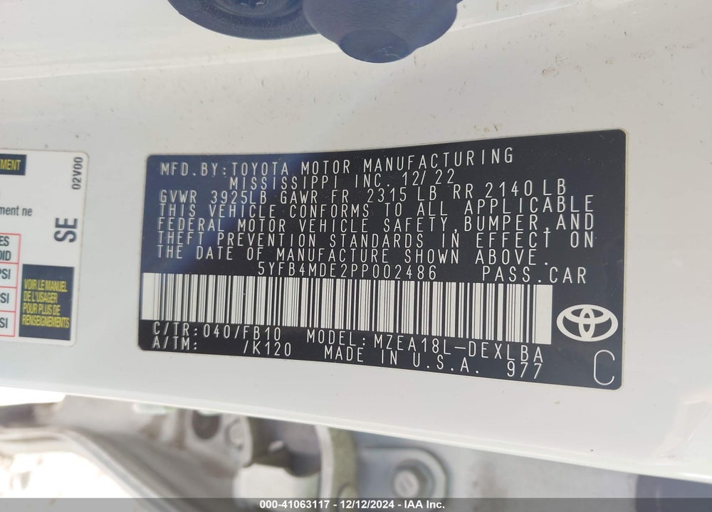2023 TOYOTA COROLLA LE VIN: 5YFB4MDE2PP002486