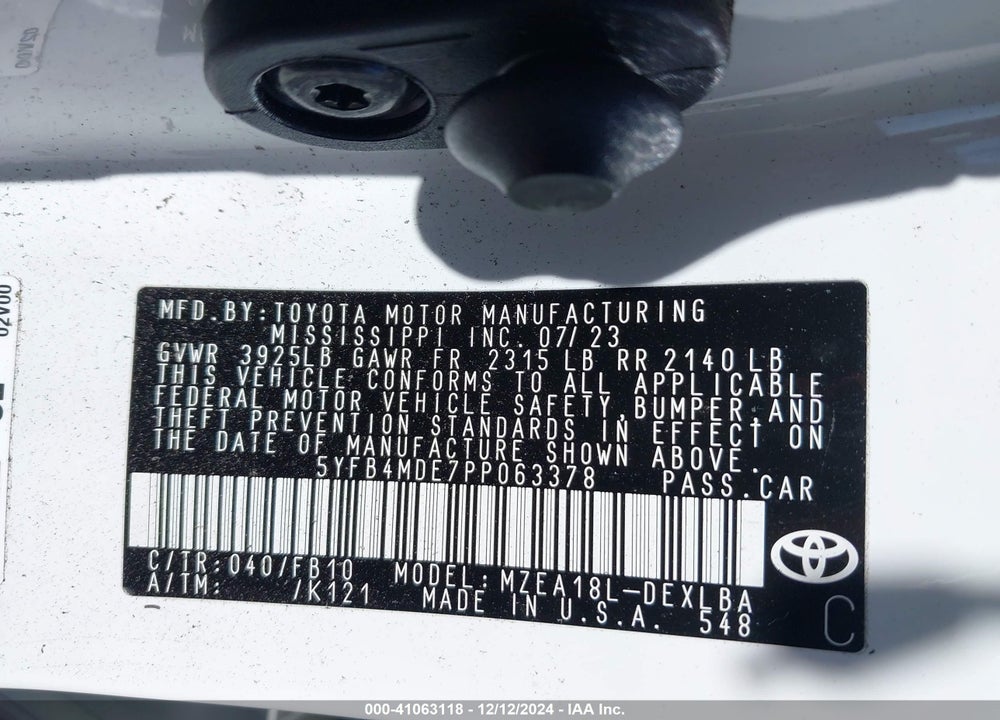 2023 TOYOTA COROLLA LE VIN: 5YFB4MDE7PP063378