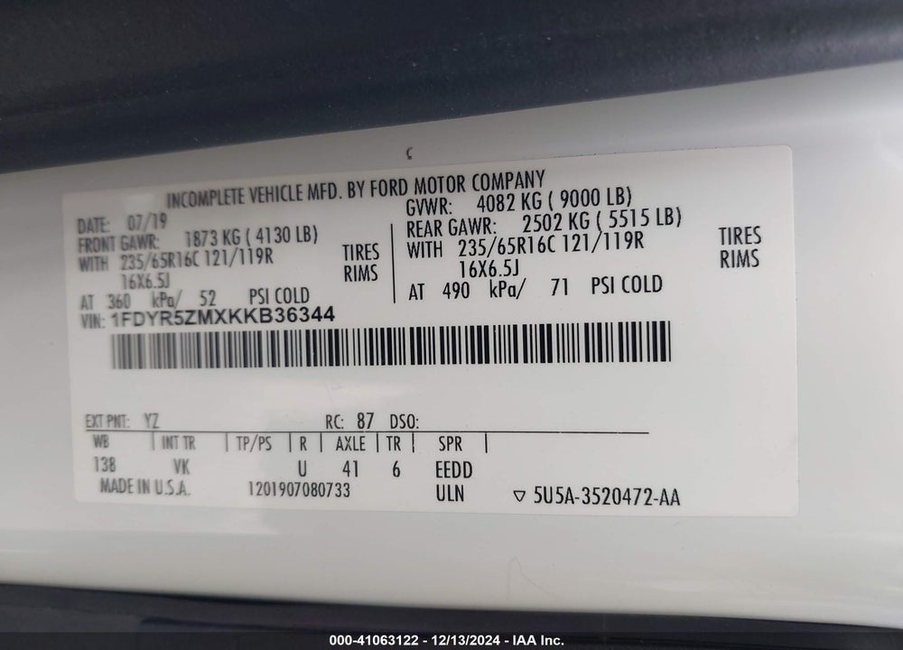 2019 FORD TRANSIT-250 CAB VIN: 1FDYR5ZMXKKB36344