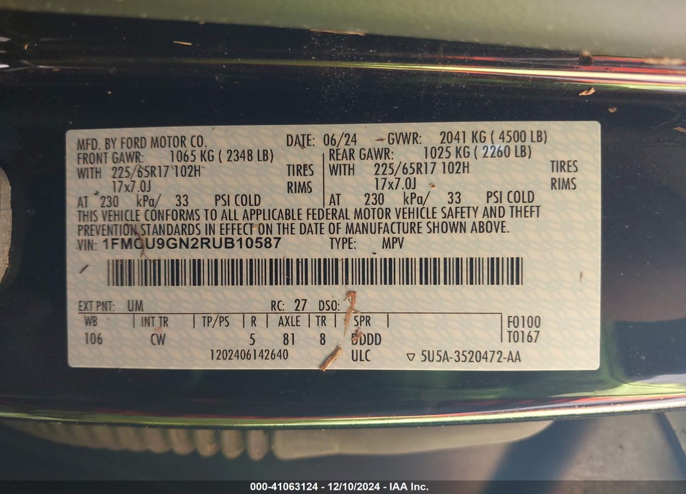 2024 FORD ESCAPE ACTIVE VIN: 1FMCU9GN2RUB10587