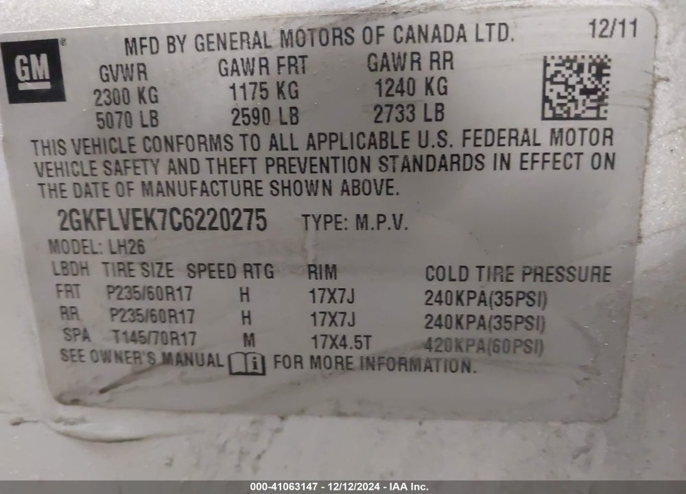 2012 GMC TERRAIN SLT-1 VIN: 2GKFLVEK7C6220275