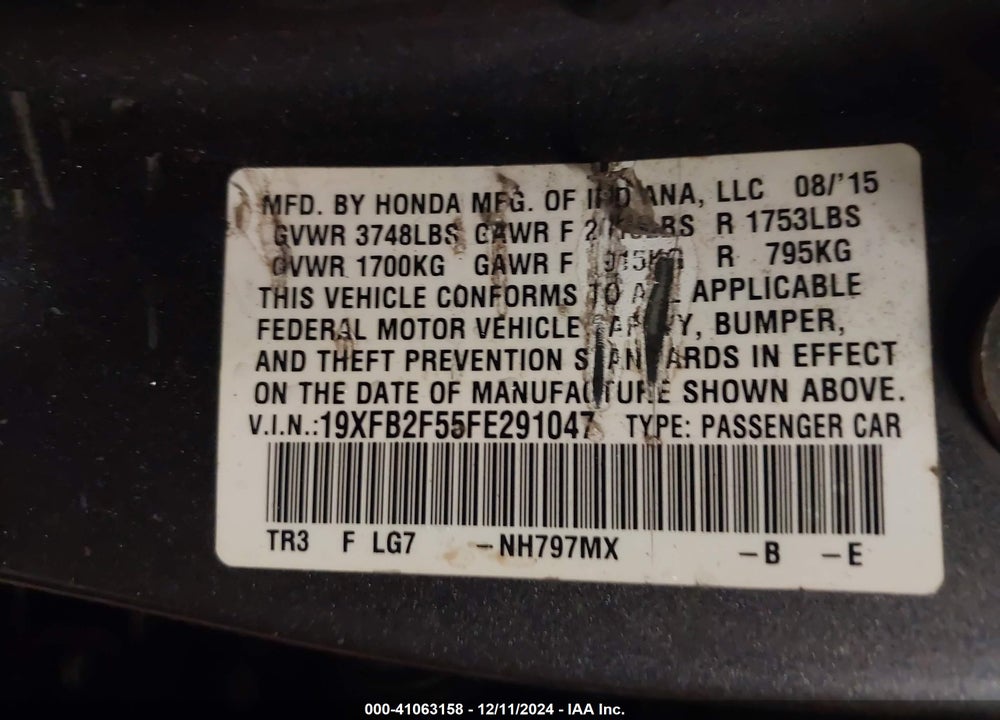 2015 HONDA CIVIC LX VIN: 19XFB2F55FE291047