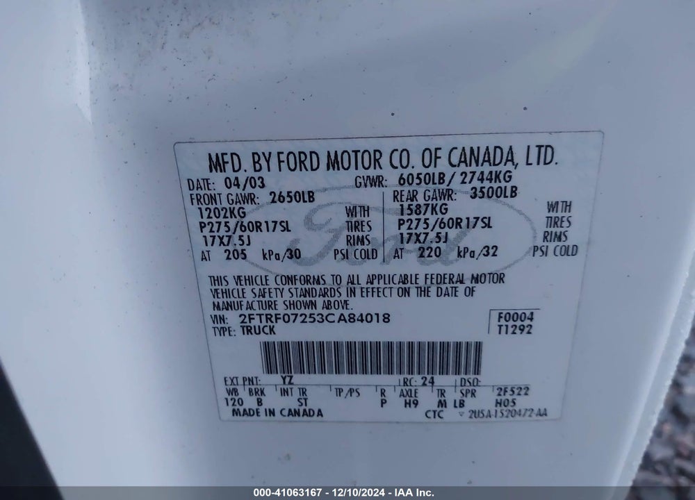 2003 FORD F-150 XL/XLT VIN: 2FTRF07253CA84018