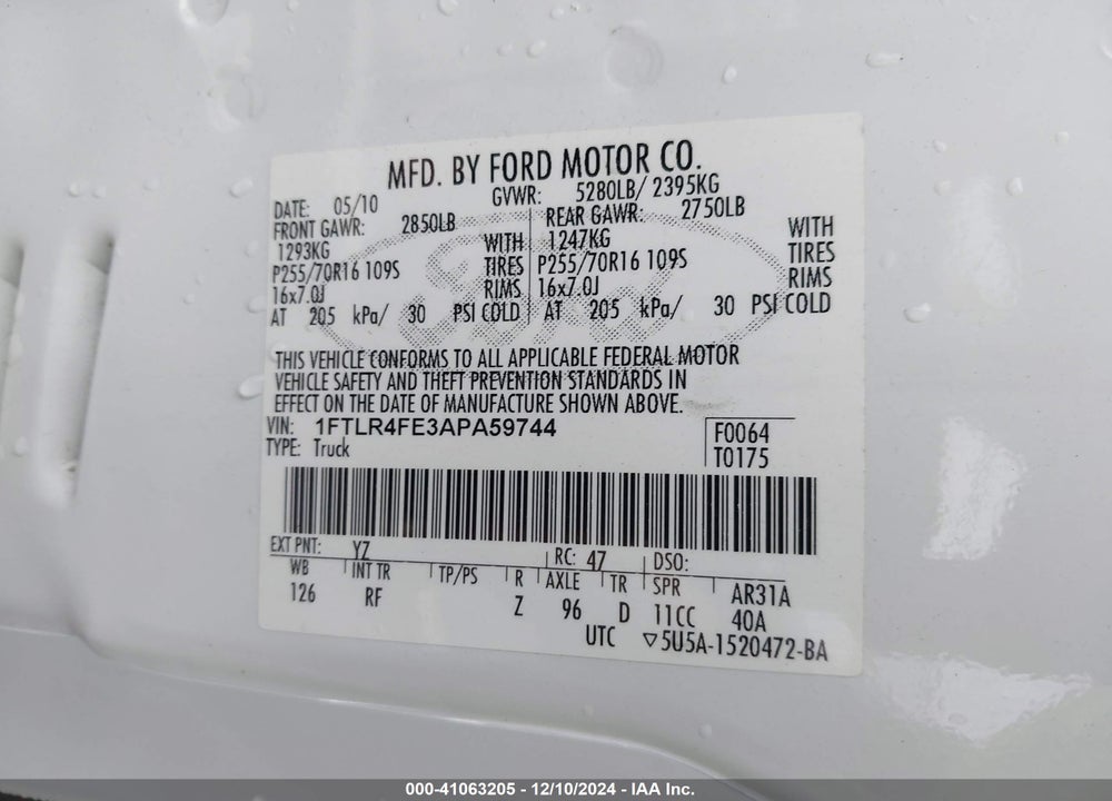 2010 FORD RANGER SPORT/XLT VIN: 1FTLR4FE3APA59744
