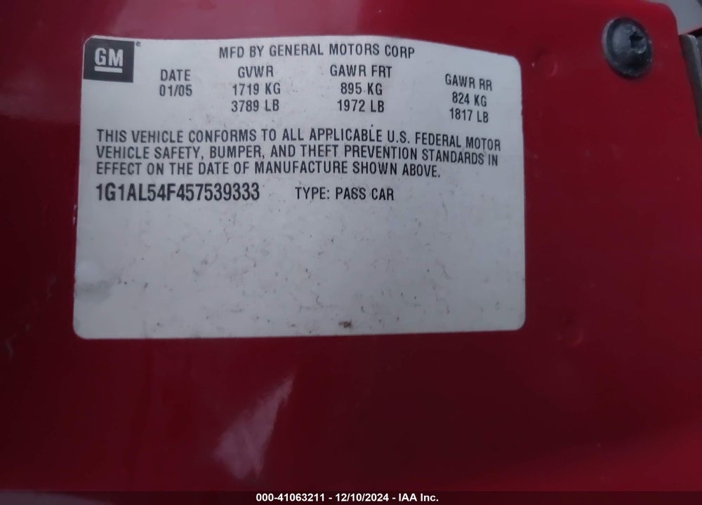 2005 CHEVROLET COBALT LS VIN: 1G1AL54F457539333