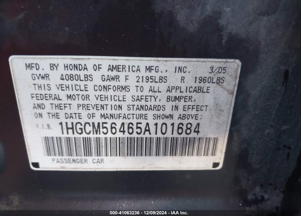 2005 HONDA ACCORD 2.4 LX VIN: 1HGCM56465A101684