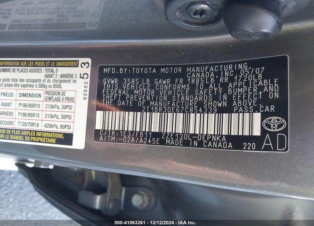 2007 TOYOTA COROLLA LE VIN: 2T1BR30E67C854339