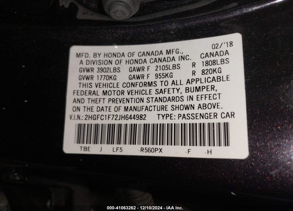 2018 HONDA CIVIC EX-L VIN: 2HGFC1F72JH644982