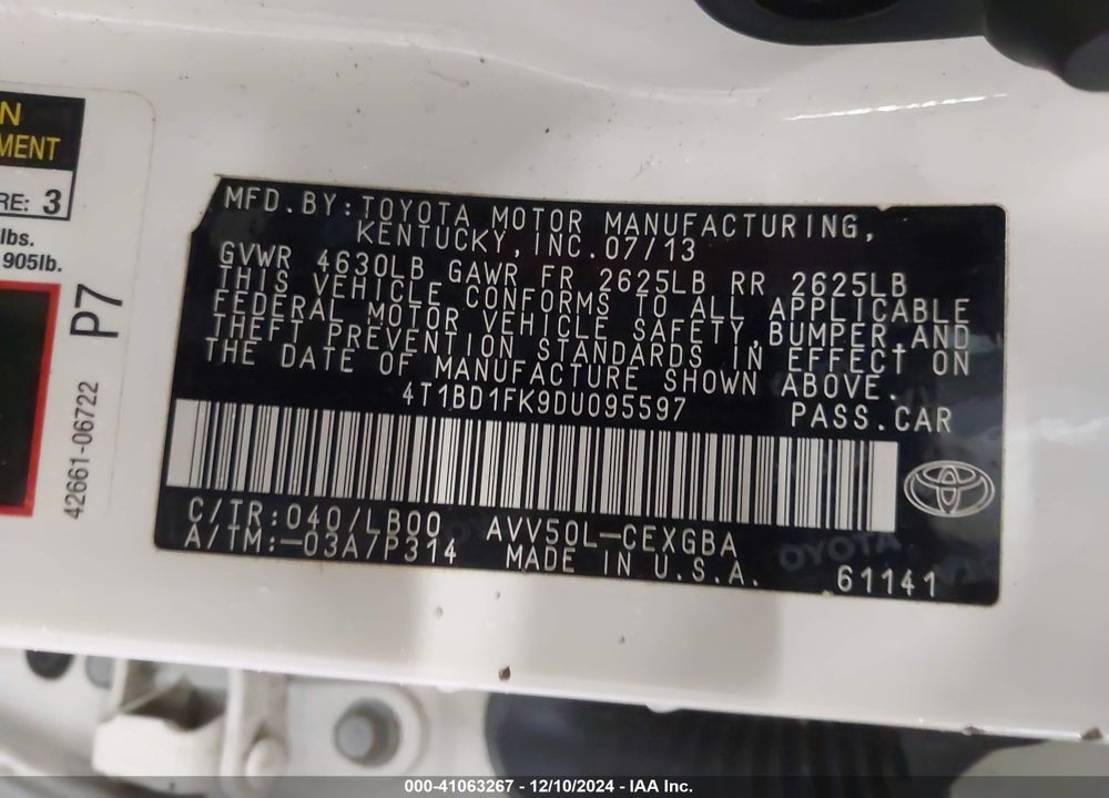 2013 TOYOTA CAMRY HYBRID VIN: 4T1BD1FK9DU095597