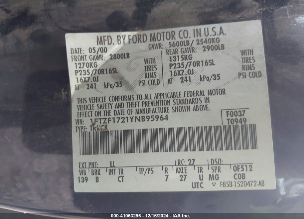 2000 FORD F-150 WORK SERIES/XL/XLT VIN: 1FTZF1721YNB95964
