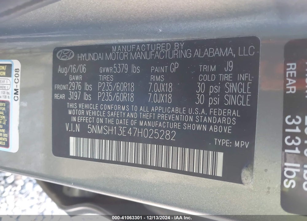 2007 HYUNDAI SANTA FE LIMITED/SE VIN: 5NMSH13E47H025282