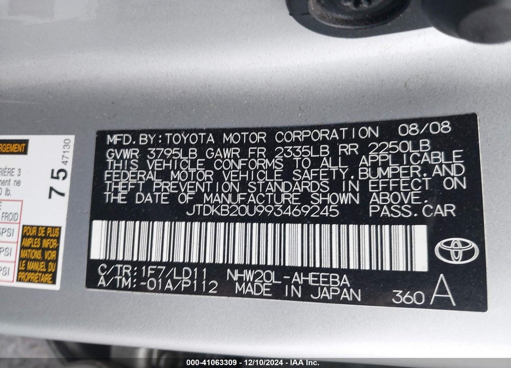 2009 TOYOTA PRIUS VIN: JTDKB20U993469245
