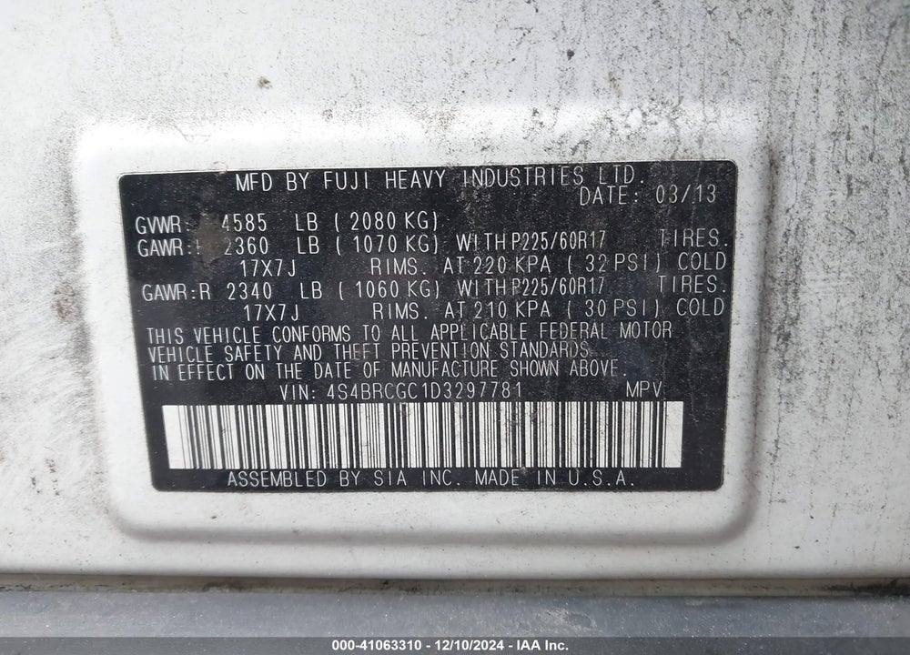 2013 SUBARU OUTBACK 2.5I PREMIUM VIN: 4S4BRCGC1D3297781