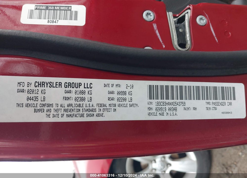 2010 DODGE CALIBER MAINSTREET VIN: 1B3CB3HAXAD543759