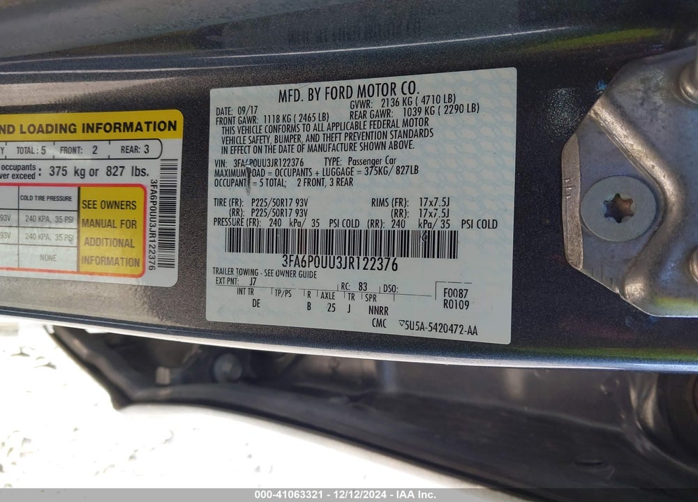 2018 FORD FUSION HYBRID S VIN: 3FA6P0UU3JR122376