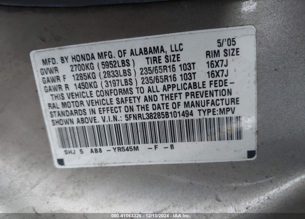 2005 HONDA ODYSSEY LX VIN: 5FNRL38285B101494