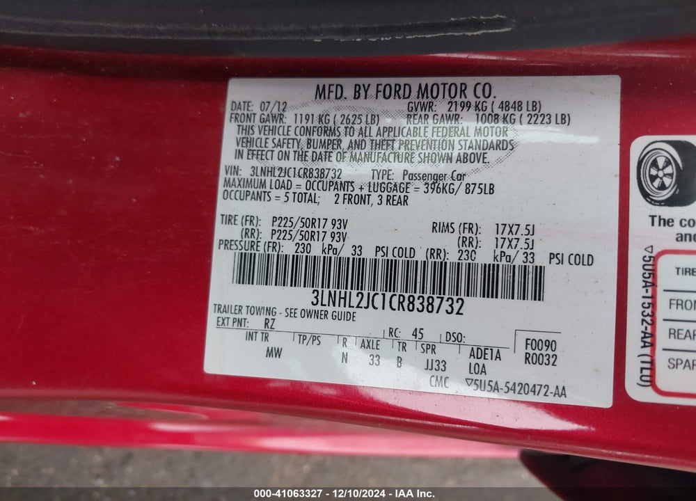 2012 LINCOLN MKZ VIN: 3LNHL2JC1CR838732