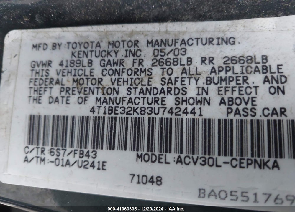 2003 TOYOTA CAMRY LE VIN: 4T1BE32K83U742441