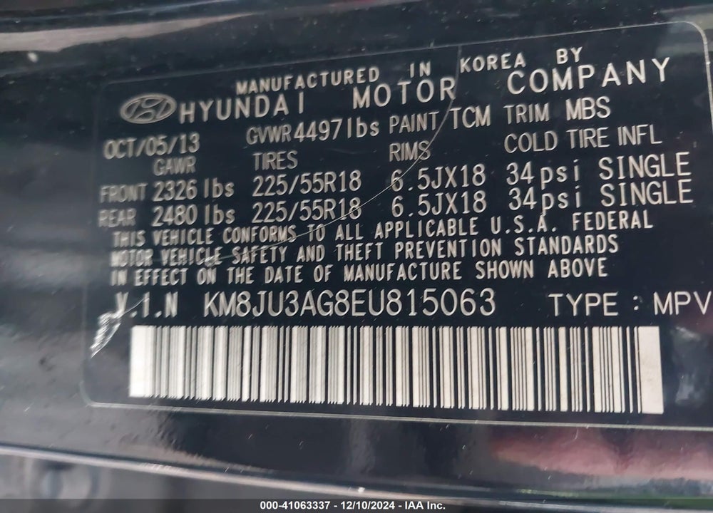 2014 HYUNDAI TUCSON LIMITED VIN: KM8JU3AG8EU815063