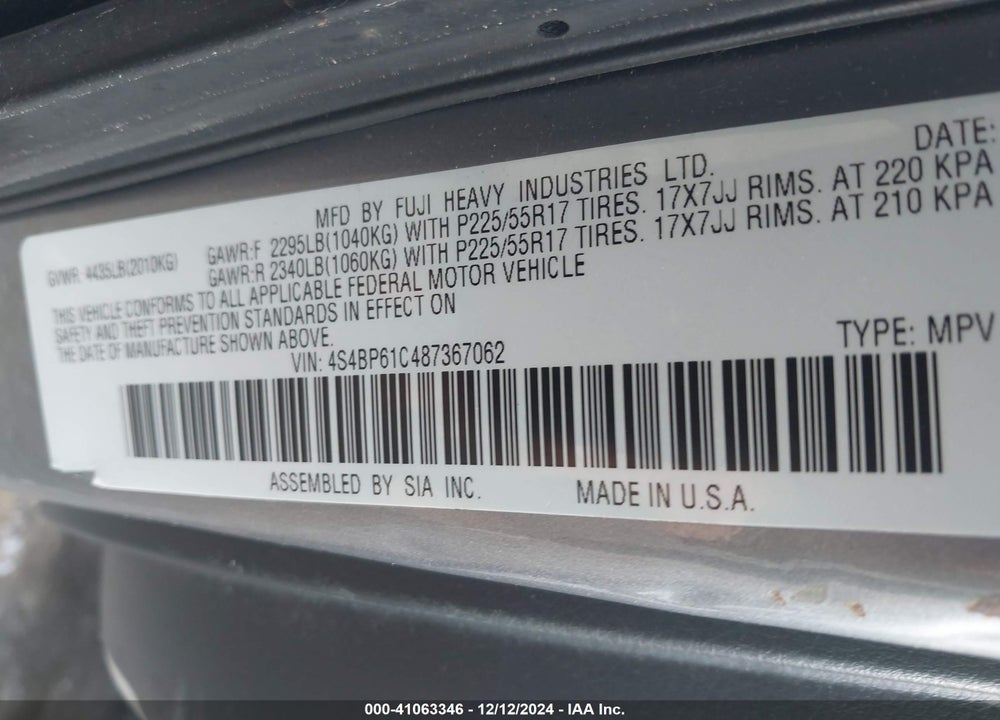 2008 SUBARU OUTBACK 2.5I/2.5I L.L. BEAN EDITION VIN: 4S4BP61C487367062