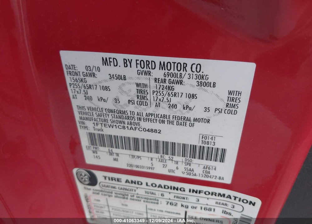 2010 FORD F-150 FX2 SPORT/XL/XLT VIN: 1FTEW1C81AFC04882