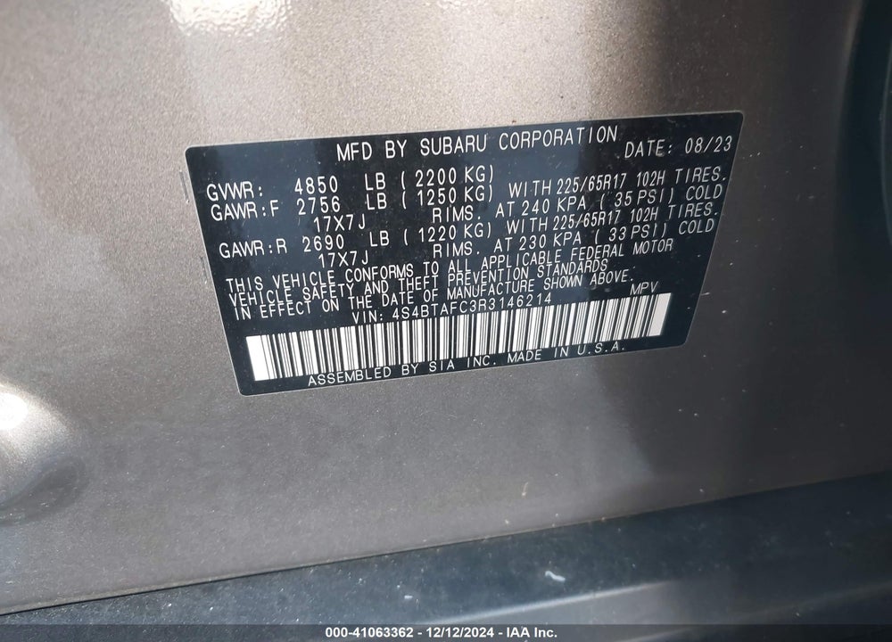 2024 SUBARU OUTBACK PREMIUM VIN: 4S4BTAFC3R3146214