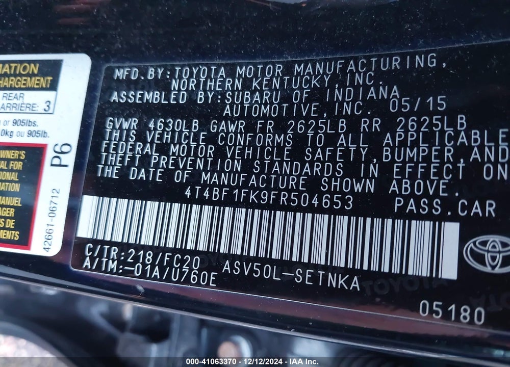 2015 TOYOTA CAMRY LE VIN: 4T4BF1FK9FR504653