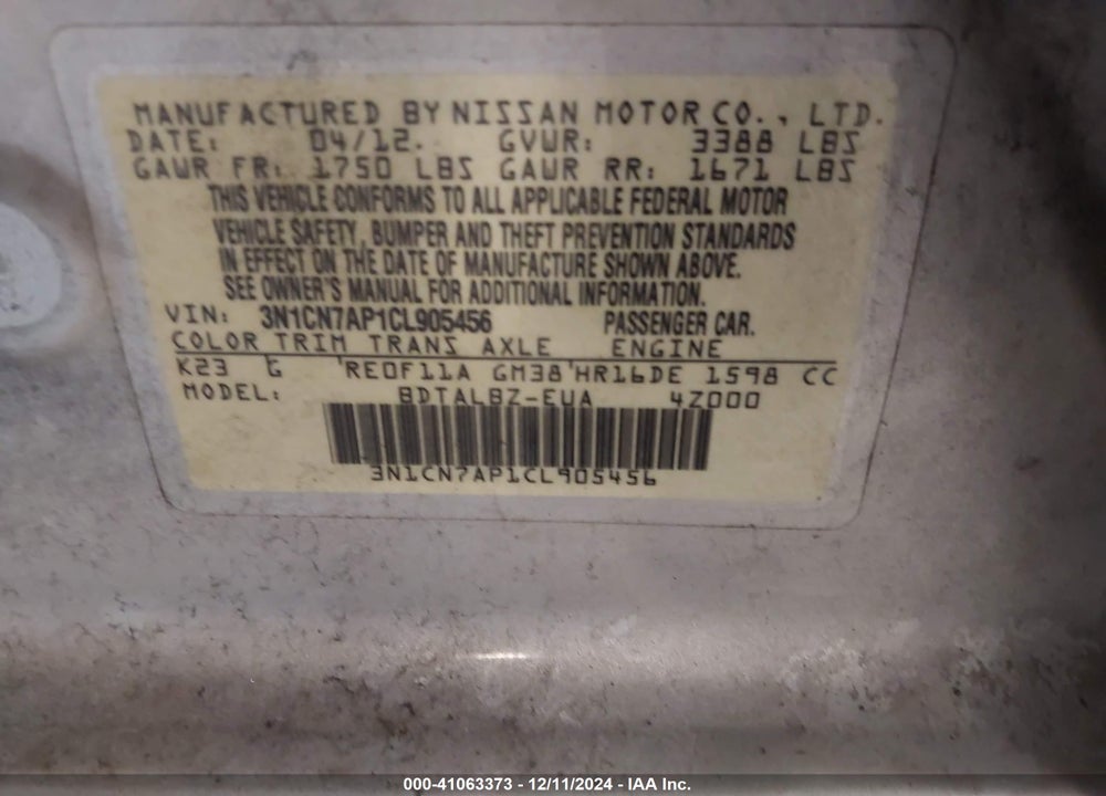 2012 NISSAN VERSA 1.6 SV VIN: 3N1CN7AP1CL905456
