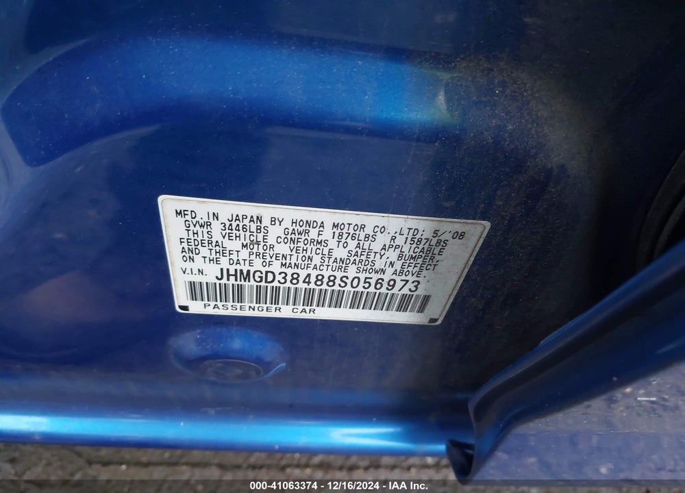 2008 HONDA FIT VIN: JHMGD38488S056973