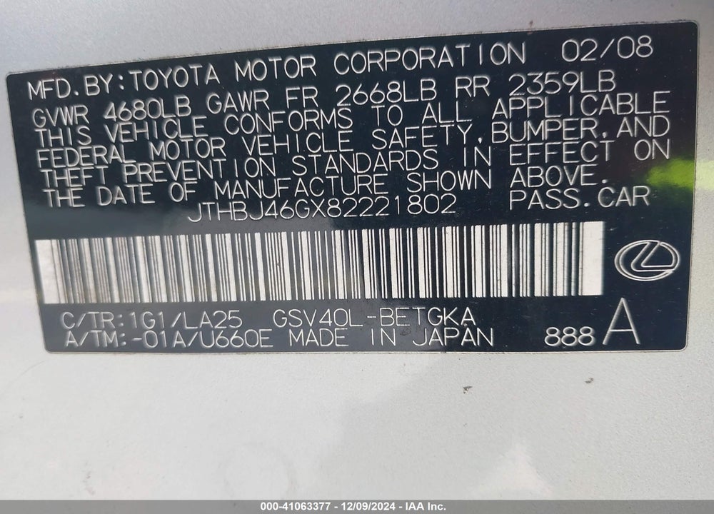 2008 LEXUS ES 350 VIN: JTHBJ46GX82221802