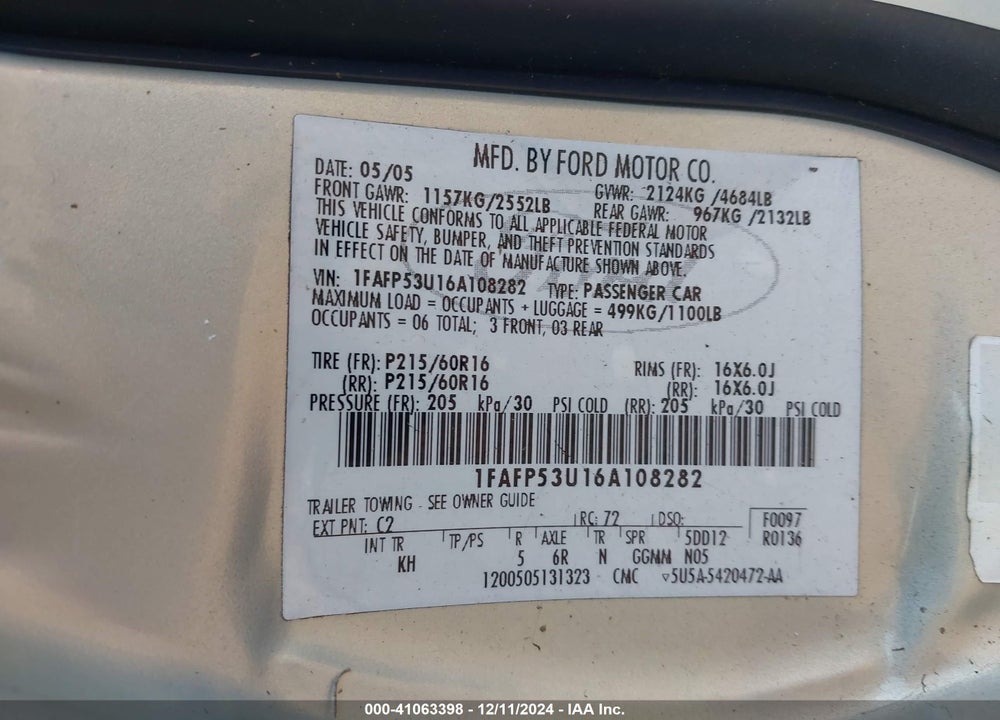 2006 FORD TAURUS SE VIN: 1FAFP53U16A108282