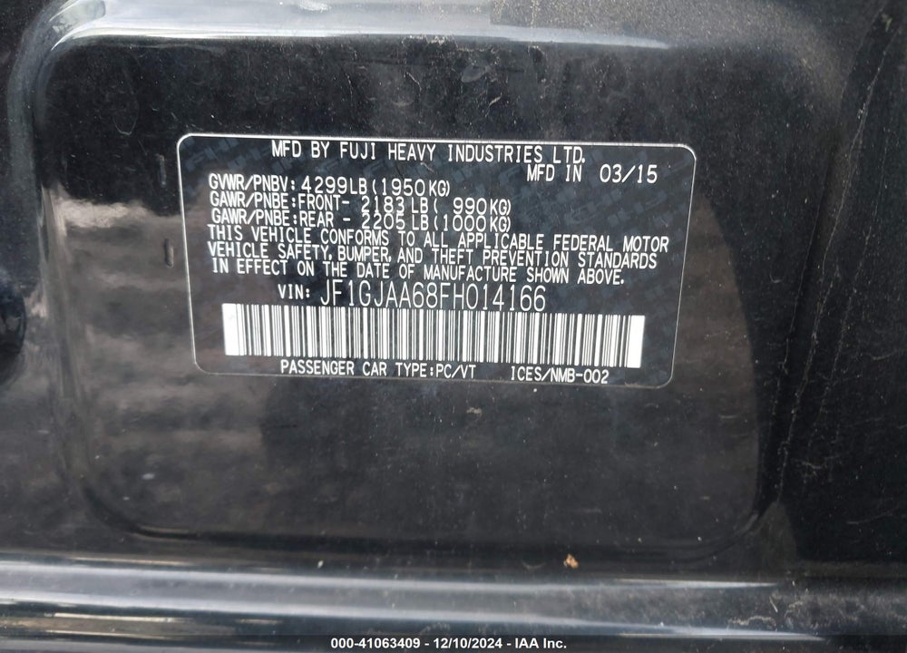 2015 SUBARU IMPREZA 2.0I VIN: JF1GJAA68FH014166