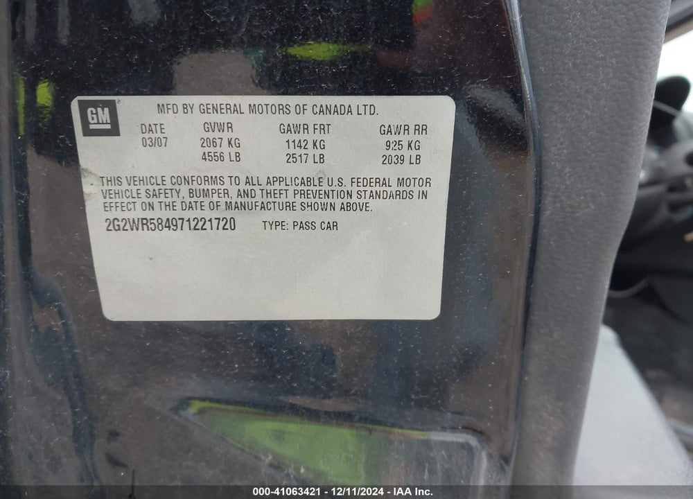 2007 PONTIAC GRAND PRIX GT VIN: 2G2WR584971221720