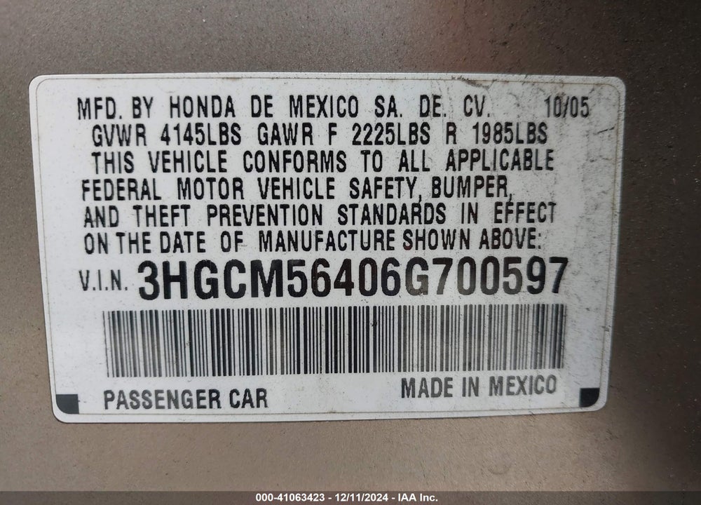 2006 HONDA ACCORD 2.4 LX VIN: 3HGCM56406G700597